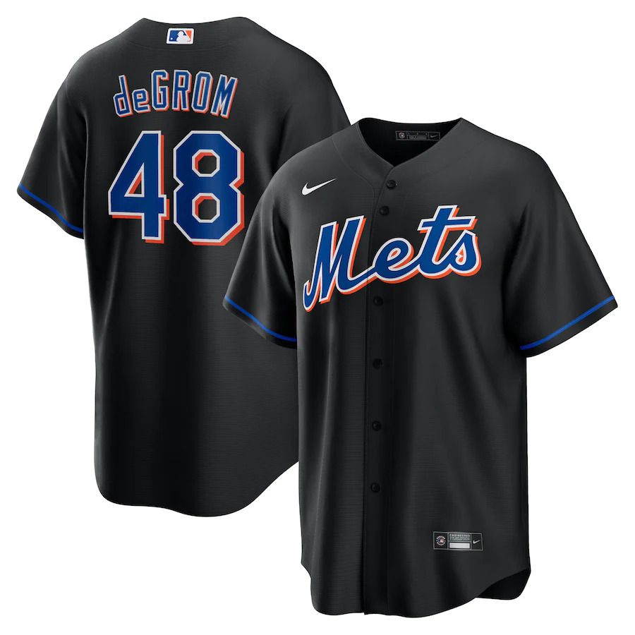 Cheap Custom Men New York Mets 48 Jacob deGrom Nike Black 2022 Alternate Replica Player MLB Jersey